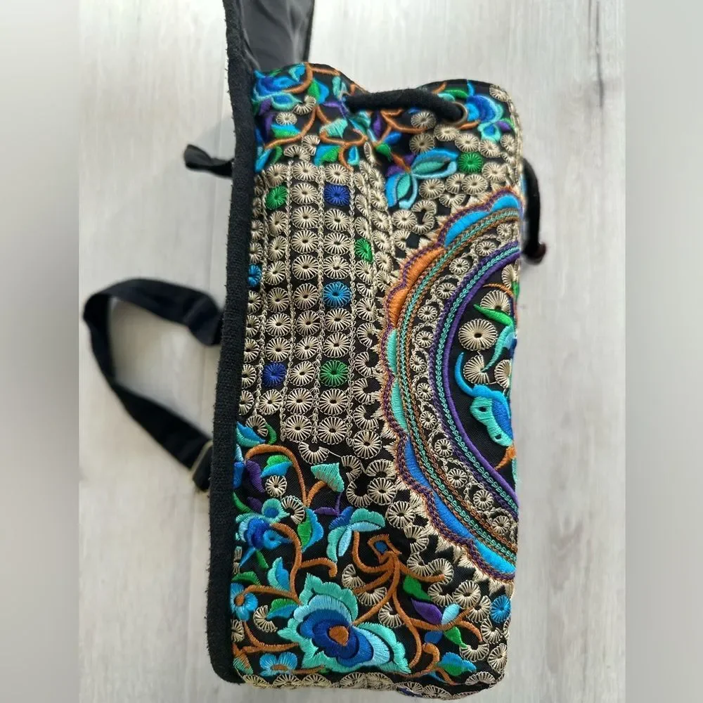 Goodhan Embroidered Bohemian Canvas Backpack Purse Blue/Purple Floral EUC